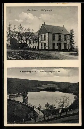 AK Meinerzhagen i. W., Gasthaus z. Drögenpütt, Bes. Gustav Höhn, Aussenansicht und Versetalsperre