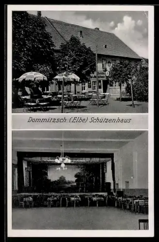 AK Dommitzsch /Elbe, Gasthof Schützenhaus, Aussen- und Innenansicht