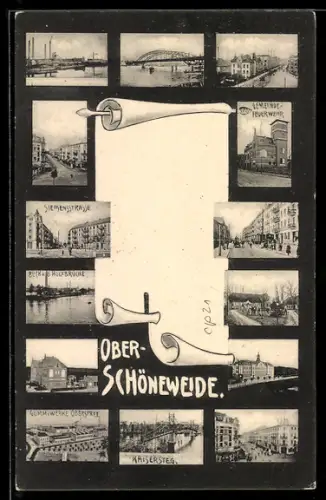 Mikroskop-AK Ober-Schöneweide, Partie in der Siemensstrasse, Hozbrücke, Gummiwerke Oberspree und Kaisersteg