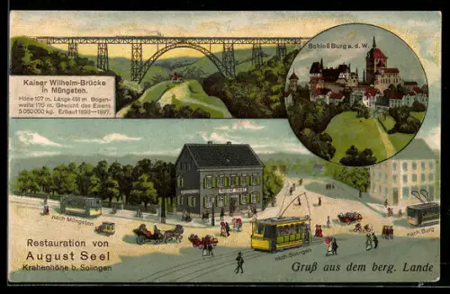 Lithographie Solingen, Restauration Krahenhöhe von August Seel, Strassenbahn, Müngsten