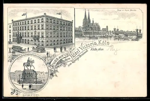 Lithographie Köln, Partie am Hotel Victoria, Dom u. feste Brücke, Denkmal Friedrich Wilhelm III