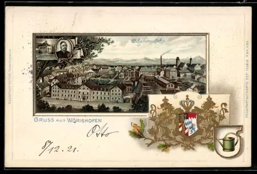 Passepartout-Lithographie Wörishofen, Gesamtansicht, Wappen