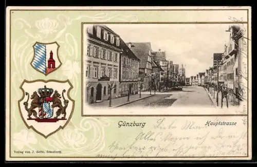 Passepartout-Lithographie Günzburg, Hauptstrasse mit Apotheke, Wappen