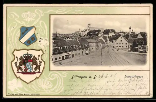 Passepartout-Lithographie Dillingen a. D., Donaustrasse mit Schloss, Wappen