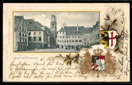 Passepartout-Lithographie Memmingen, Platzansicht mit Turm, geprägte Wappen
