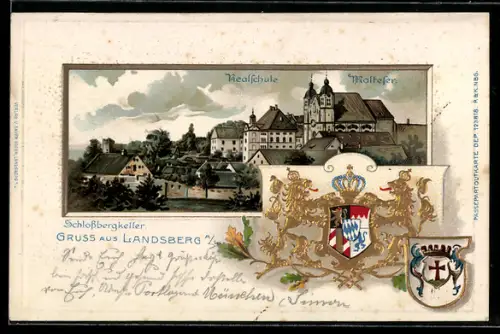 Passepartout-Lithographie Landsberg a. L., Gasthaus Schlossbergkeller und Kreisschule, Wappen