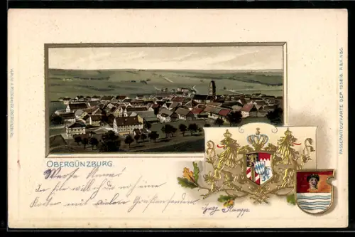 Passepartout-Lithographie Obergünzburg, Teilansicht, Wappen