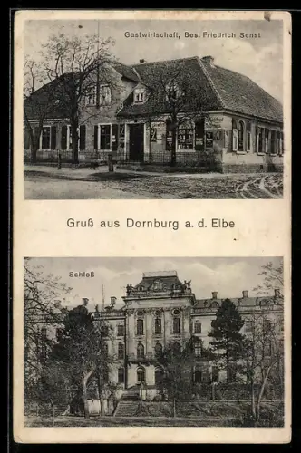 AK Dornburg a. d. Elbe, Gasthaus, Bes. Friedrich Senst, Frontansicht vom Schloss