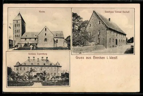 AK Brenken i. Westf., Gasthaus Conrad Rochell, Ansicht der Kirche, Schloss Erpernburg