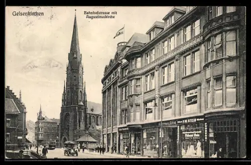 AK Gelsenkirchen, Bahnhofstrasse mit Augustinuskirche