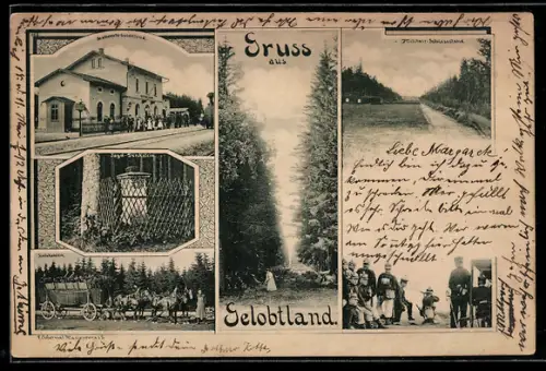 AK Gelobtland, Ansicht vom Bahnhof, Jagd-Denkstein