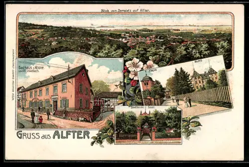 Lithographie Alfter, Totalansicht vom Domplatz aus, Gasthaus zur Krone von W. Unkelbach und Kirche