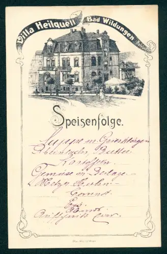 Menükarte Bad Wildungen, Villa Heilquell, Hufelandstrasse, Speisenfolge