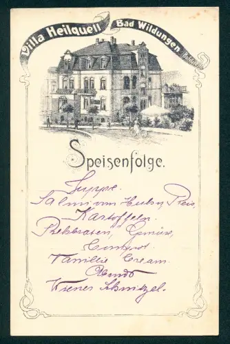 Menükarte Bad Wildungen, Villa Heilquell, Hufelandstrasse, Speisenfolge, Gebäudeansicht