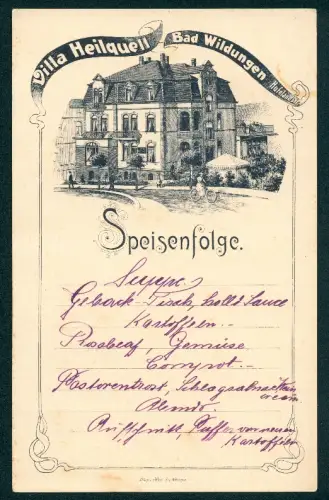 Menükarte Bad Wildungen, Villa Heilquell, Hufelandstrasse, Speisenfolge, Fahrradfahrerin vor der Villa