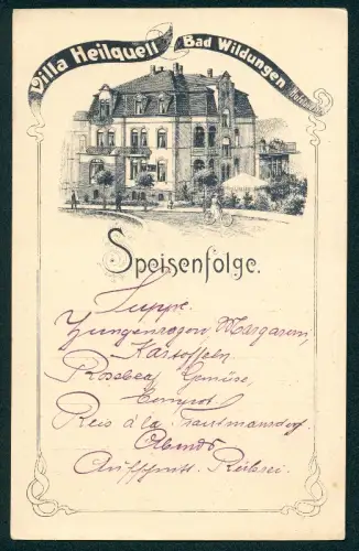 Menükarte Bad Wildungen, Villa Heilquell, Hufelandstrasse, Speisenfolge, Villa mit Strassenpartie