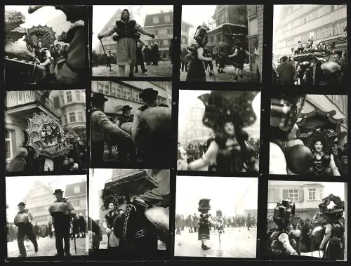 Fotografie Ansicht Appenzell, Silvesterklausen, Festumzug mit Personen in traditionellen Kostümen, Grossformat 19 x 25cm