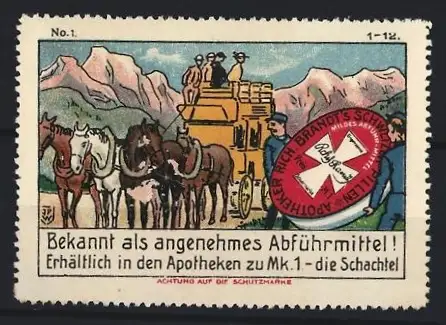 Künstler-Reklamemarke Johann Peter Werth, Brandt's Schweizer Pillen, Bekannt als angenehmes Abführmittel, Postkutsche