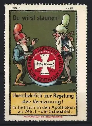 Künstler-Reklamemarke Johann Peter Werth, Abführmittel Brandt's Schweizer Pillen, Zwerge und Pillendose