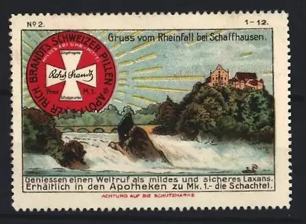 Künstler-Reklamemarke Johann Peter Werth, Abführmittel Brandt's Schweizer Pillen, Rheinfall bei Schaffhausen