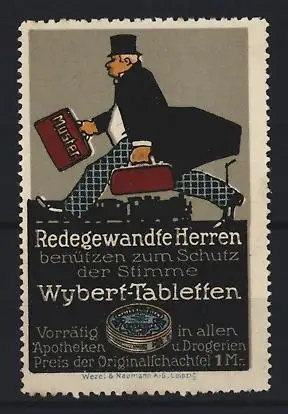 Reklamemarke Wybert-Tabletten, elegant gekleideter Händler mit Koffer eilt zur Eisenbahn