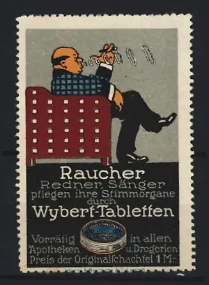 Reklamemarke Wybert-Tabletten, Raucher Redner Sänger pflegen ihre Stimmorgane, Raucher im Sessel sitzend