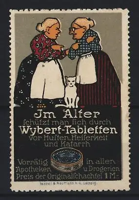 Reklamemarke Wybert-Tabletten, zwei ältere Damen im Gespräch mit Katze