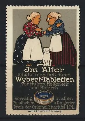 Reklamemarke Wybert-Tabletten, ältere Damen und Katze