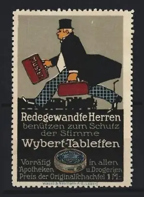 Reklamemarke Wybert-Tabletten, Eleganter Herr mit Koffer eilt zum Bahnhof, Eisenbahn im Hintergrund