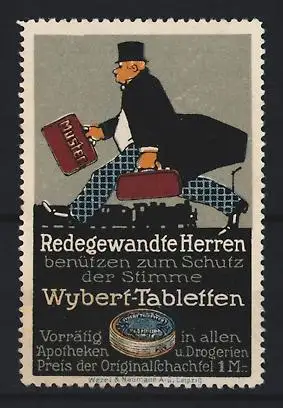 Reklamemarke Wybert-Tabletten, Redegewandte Herren, Mann mit Koffer läuft zum Bahnhof, Eisenbahn-Station