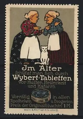 Reklamemarke Wybert-Tabletten, Im Alter schützt man sich, zwei Damen mit Katze