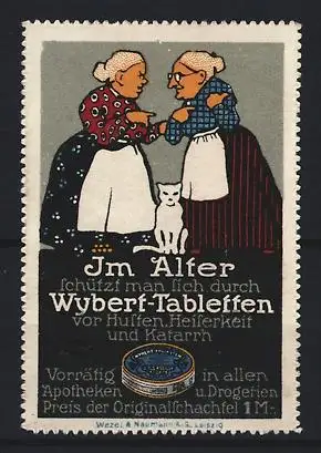 Reklamemarke Wybert-Tabletten, ältere Damen mit Katze