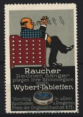 Reklamemarke Wybert-Tabletten, Raucher im Sessel sitzend