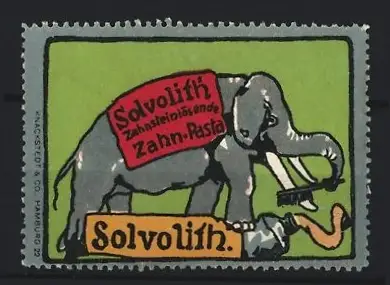 Reklamemarke Solvolith Zahnschmelzlösende Zahn-Pasta, Elefant mit Zahnbürste
