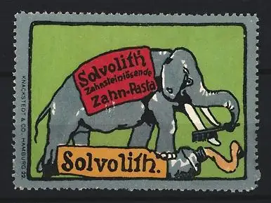 Reklamemarke Solvolith Zahnpasta, Elefant mit Zahnbürste & Tube Zahnpasta