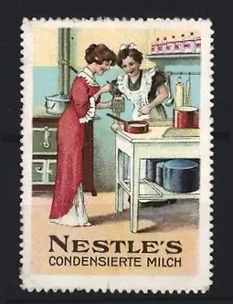 Reklamemarke Nestle`s Condensierte Milch, Hausfrauen beim kochen in der Küche