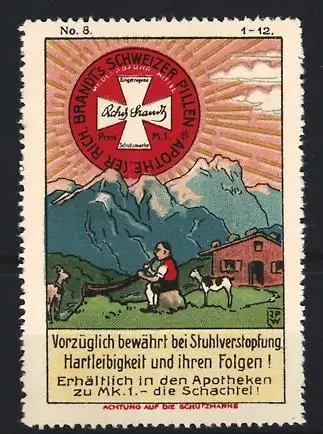 Künstler-Reklamemarke Johann Peter Werth, Abführmittel R. Brandts Schweizer Pillen, Alphornbläser