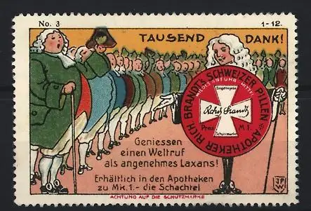 Künstler-Reklamemarke Johann Peter Werth, Abführmittel Rich. Brandt's Schweizer Pillen, beleibte Herren in Reihe stehend