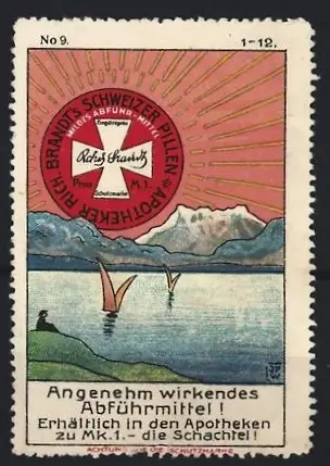 Künstler-Reklamemarke Johann Peter Werth, Abführmittel Rich. Brand`s Schweizer Pillen, Seeblick mit Alpenpanorama