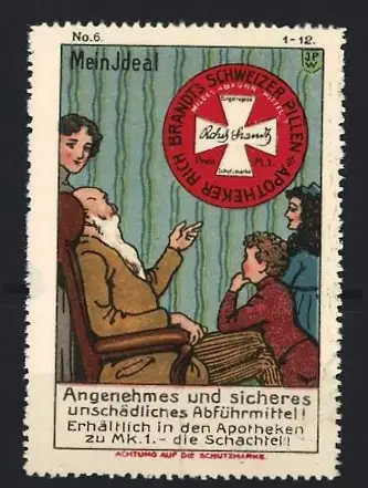 Künstler-Reklamemarke Johann Peter Werth, Abführmittel Schweizer Pillen, Grossvater erzählt Geschichten
