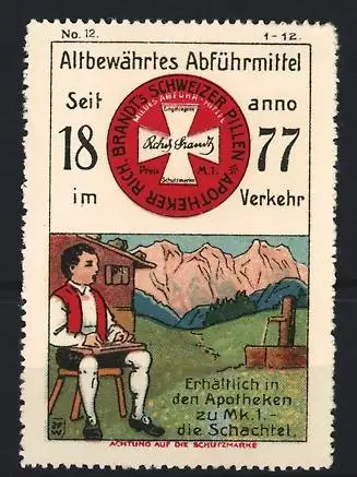 Künstler-Reklamemarke Johann Peter Werth, Rich. Brandt Altbewährtes Abführmittel, Almbauer spielt Zithter