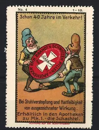 Künstler-Reklamemarke Johann Peter Werth, Brandt`s Schweizer Pillen, Zwei Zwerge mit Pillenpackung