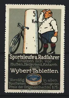 Reklamemarke Wybert-Tabletten, Radfahrer mit Fahrrad, Velo und Meilenstein