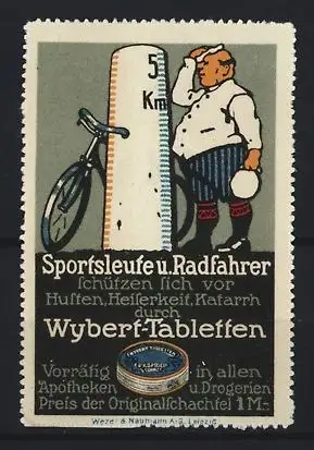 Reklamemarke Wybert-Tabletten, Radfahrer mit Fahrrad, Velo und Meilenstein