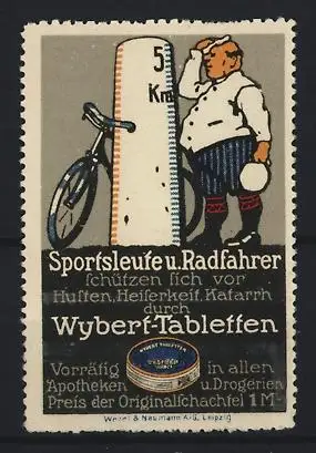 Reklamemarke Leipzig, Wybert-Tabletten, Mann mit Fahrrad, Velo und Kilometerstein