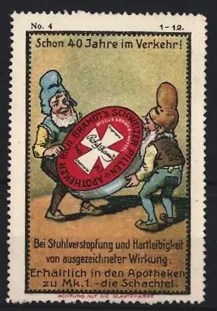Künstler-Reklamemarke Johann Peter Werth, Abführmittel Rich Brandt's Schweizer Pillen, Zwerge mit Tablettenschachtel