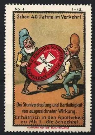 Künstler-Reklamemarke Johann Peter Werth, Abführmittel Rich. Brandt's Schweizer Pillen, Zwerge tragen Pillendose