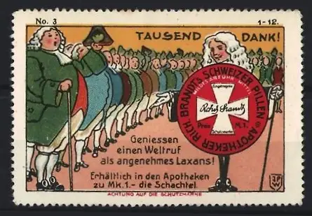 Künstler-Reklamemarke Johann Peter Werth, Abführmittel Brandt's Schweizer Pillen, beleibte Marschierende Männer
