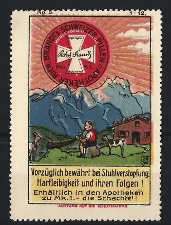 Künstler-Reklamemarke Johann Peter Werth, Abführmittel, Brandts Schweizer Pillen, Alpenlandschaft & Alphornbläser
