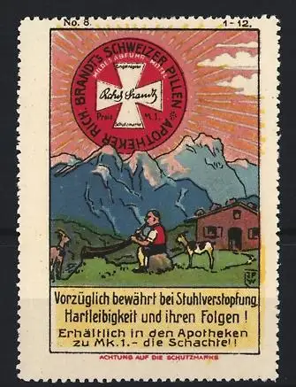 Künstler-Reklamemarke Johann Peter Werth, Abführmittel Rich. Brandts Schweizer Pillen, Alpenlandschaft mit Alphornbläser